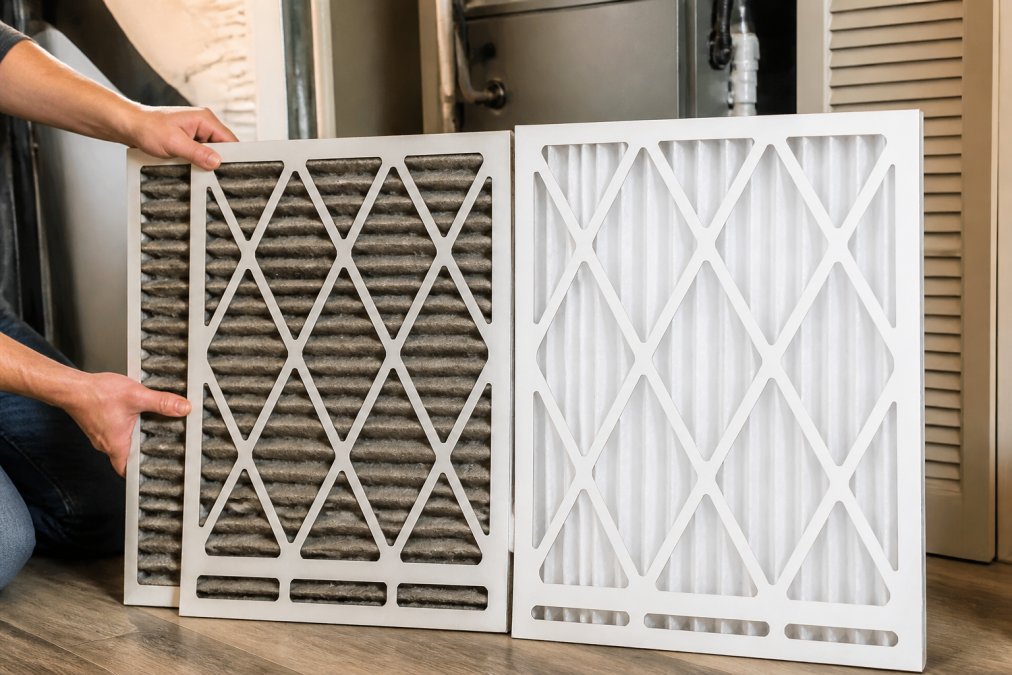 Hands holding a dirty, used AC air filter next to a clean white replacement filter in a furnace closet
