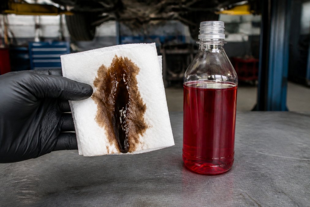 Mechanic comparing dark, burnt transmission fluid on a paper towel to a bottle of fresh, bright red fluid.