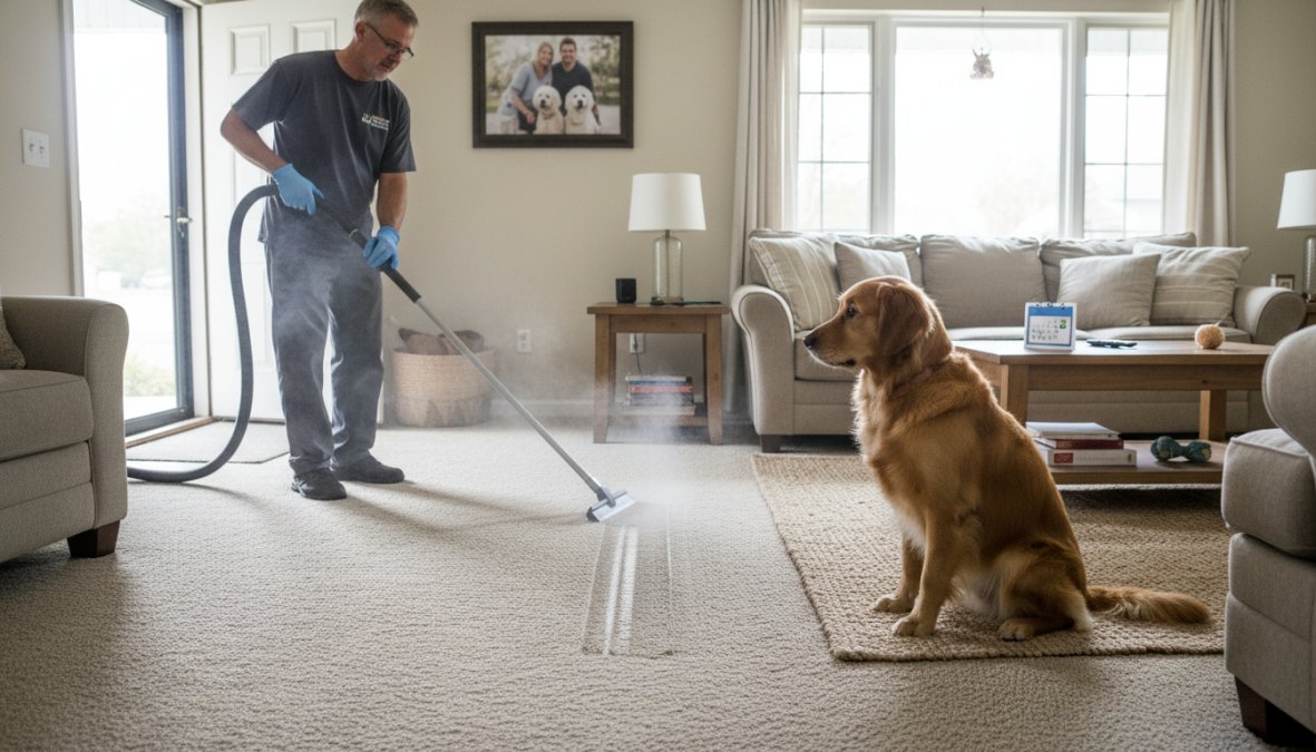 A professional carpet cleaner in work attire using a truck-mounted hot water extraction wand on a living room carpet, with a golden retriever watching from a nearby doorway, warm afternoon light coming through the windows