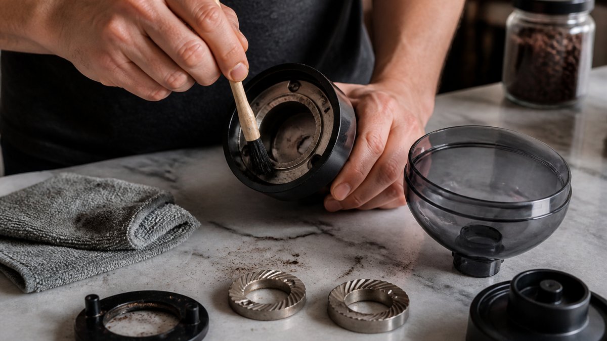 Close-up of hands using a small brush to sweep loose coffee grounds and chaff from the burr chamber of a disassembled burr grinder on a kitchen counter, with a microfiber towel and detached hopper nearby