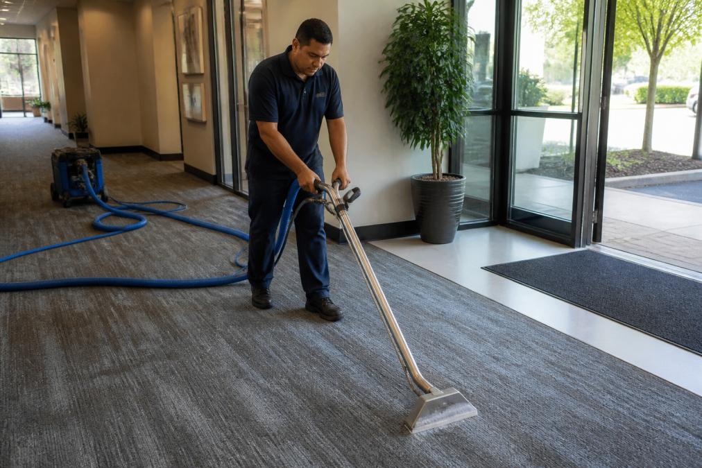 A professional cleaner operating a commercial-grade extractor on a carpeted office corridor near a lobby entrance, with walk-off matting visible at the doorway