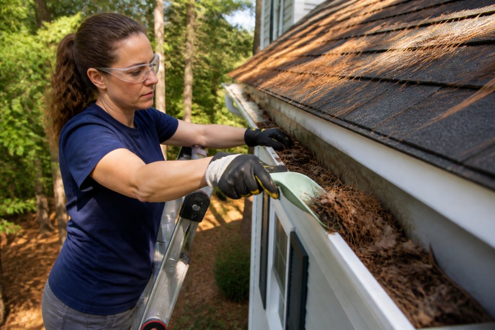 Homeowner positioned safely on a sturdy ladder wearing protective gloves and safety glasses, using a gutter scoop to carefully remove compacted pine needles and debris from a residential gutter