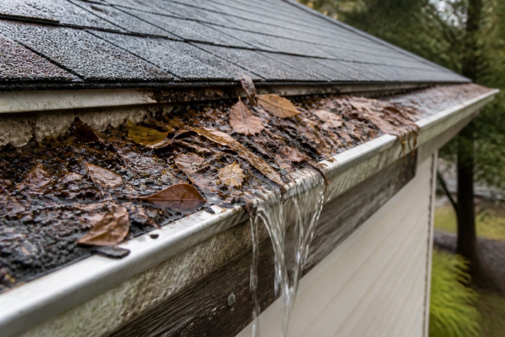 Close-up of a residential gutter overflowing with wet leaves, shingle granules, and dark debris, with water spilling over the edge onto a weathered wooden fascia board below, photographed in natural overcast daylight