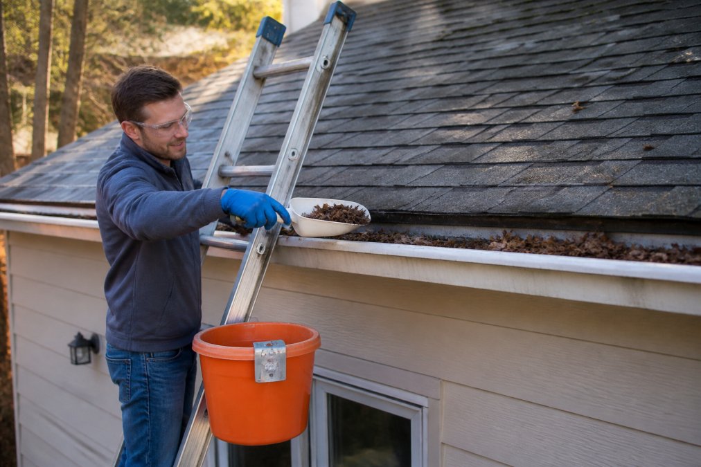 A homeowner on a sturdy extension ladder with standoff stabilizers wearing work gloves and safety glasses, using a gutter scoop to remove wet leaf debris from a residential gutter, with an orange bucket clipped to the ladder beside them, photographed in afternoon sunlight