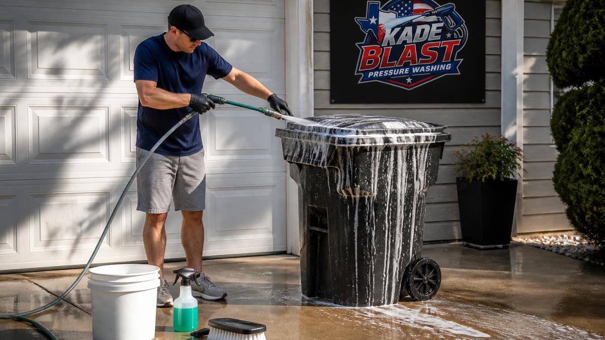 Person in work gloves using a hose and brush to clean trash cans on a driveway