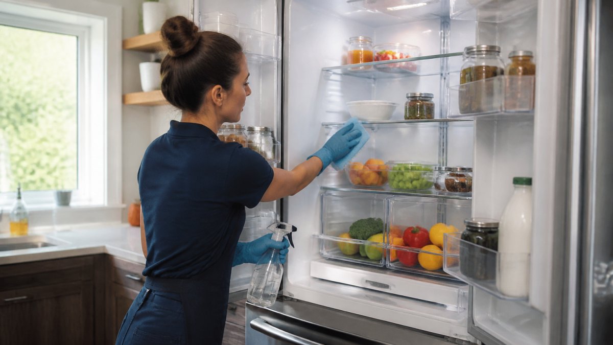 Professional cleaning the interior of a stainless steel refrigerator with organized shelves, fresh produce visible, and natural kitchen lighting streaming through a window