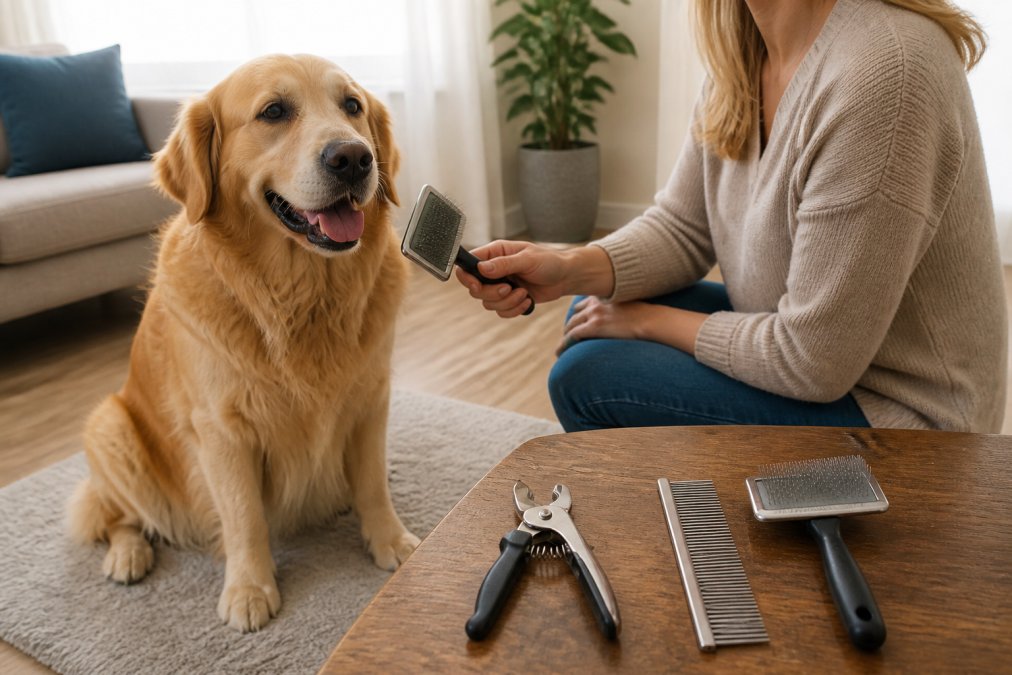 A bright, clean living room with a golden retriever sitting calmly on a soft mat while its owner holds a slicker brush, with a stainless steel nail clipper and comb arranged on a nearby wooden table