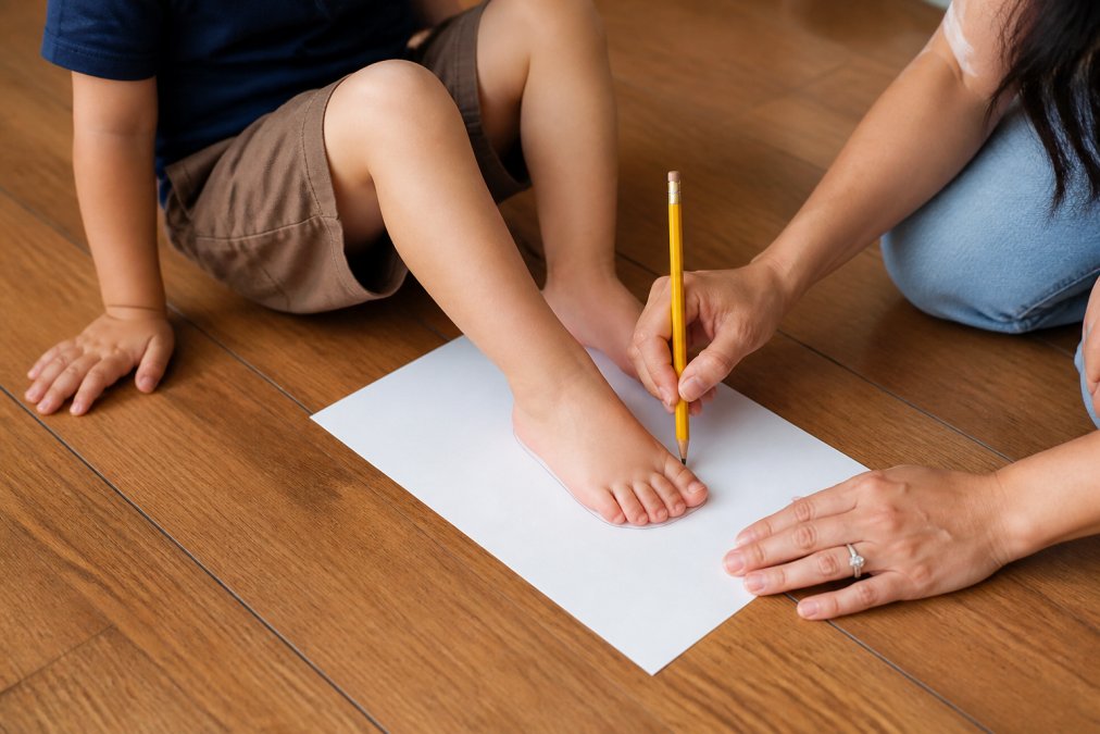 Parent carefully tracing around a toddler's foot with a pencil on white paper while the child sits on a wooden floor, showing the paper tracing method for measuring foot length