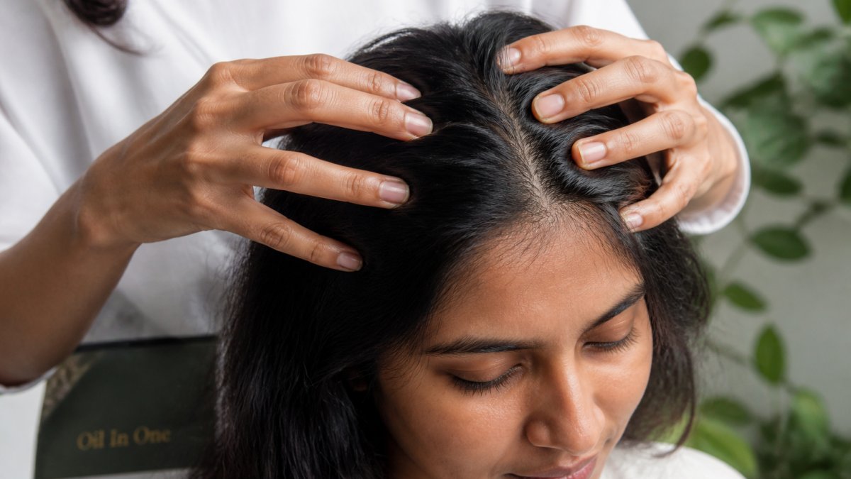 Close-up of hands with fingertips gently massaging oil into scalp with parted hair sections, showing proper circular motion technique under natural light