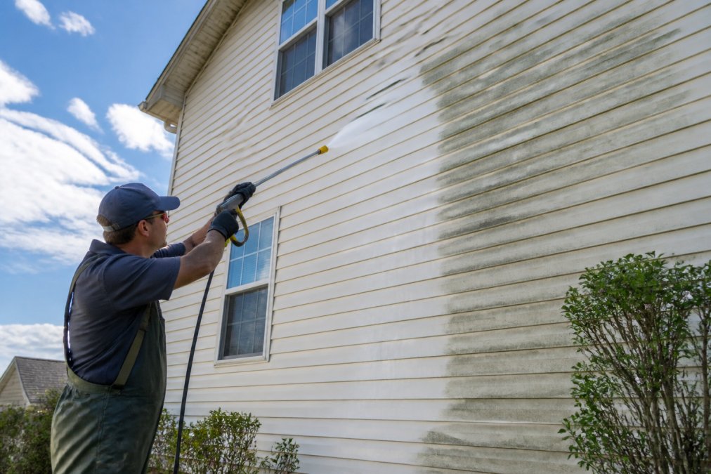 A professional pressure washing technician in safety gear cleaning the vinyl siding of a two-story residential home on a sunny day, with a pressure washer wand and a visible clean streak contrast