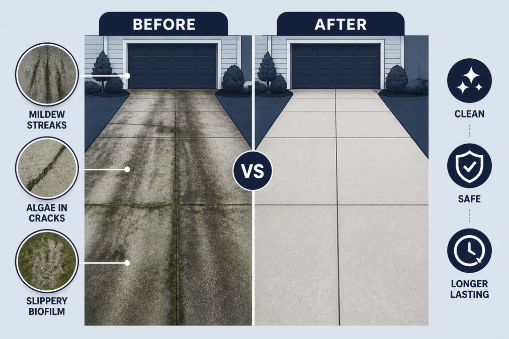 Split-view comparison showing a driveway with visible dark mildew streaks, algae in cracks, and slippery biofilm versus a clean driveway surface