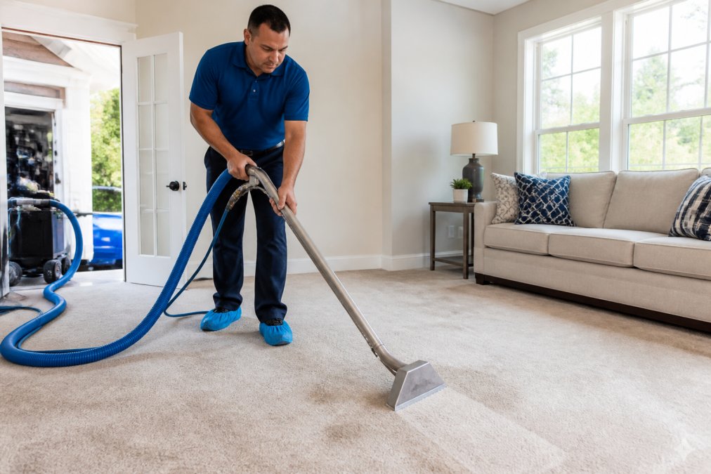 Professional carpet cleaner using a truck-mounted hot water extraction wand on a beige carpet in a bright living room with sunlight through windows