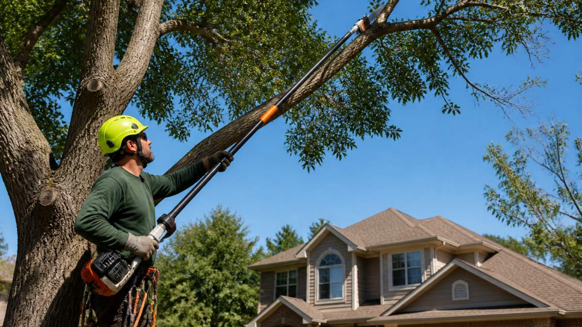 A certified arborist in safety gear using a pole pruner to trim a large tree branch in a residential yard, with a house and blue sky in the background
