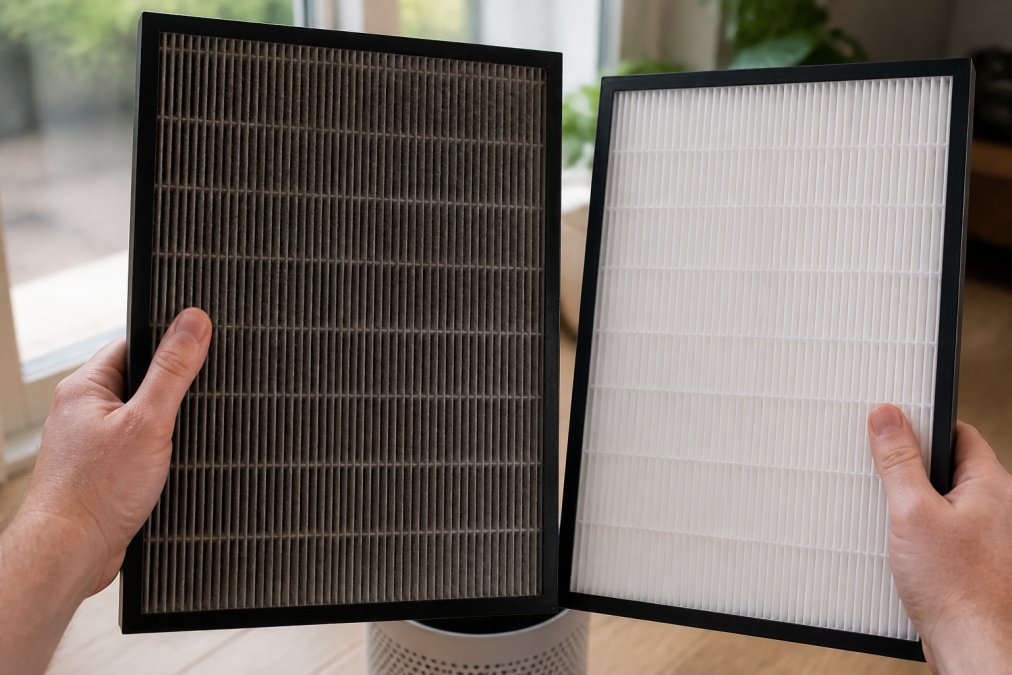 Close-up of a clogged, darkened HEPA filter held up to light showing dust accumulation and particulate matter trapped in the filter media, with a clean white filter beside it for comparison