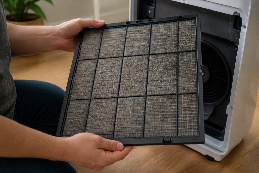 Hands removing a pre-filter from an air purifier unit showing visible dust and pet dander collected on the surface, with the air purifier housing visible in the background