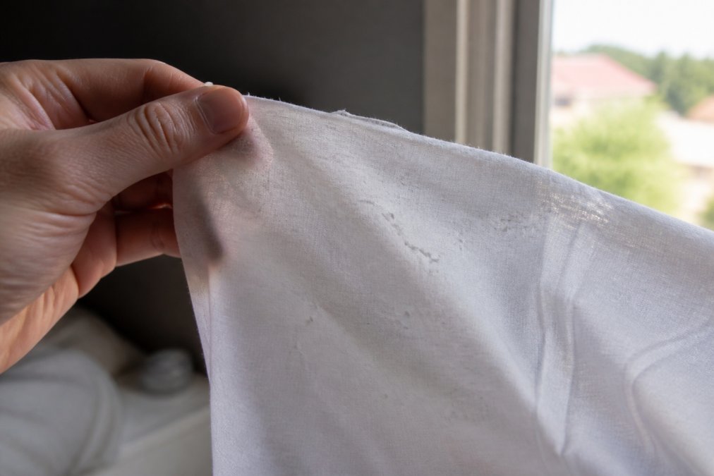 A close-up of a hand holding a section of white bedsheet fabric up to a window, showing visible pilling and thinning threads against the light