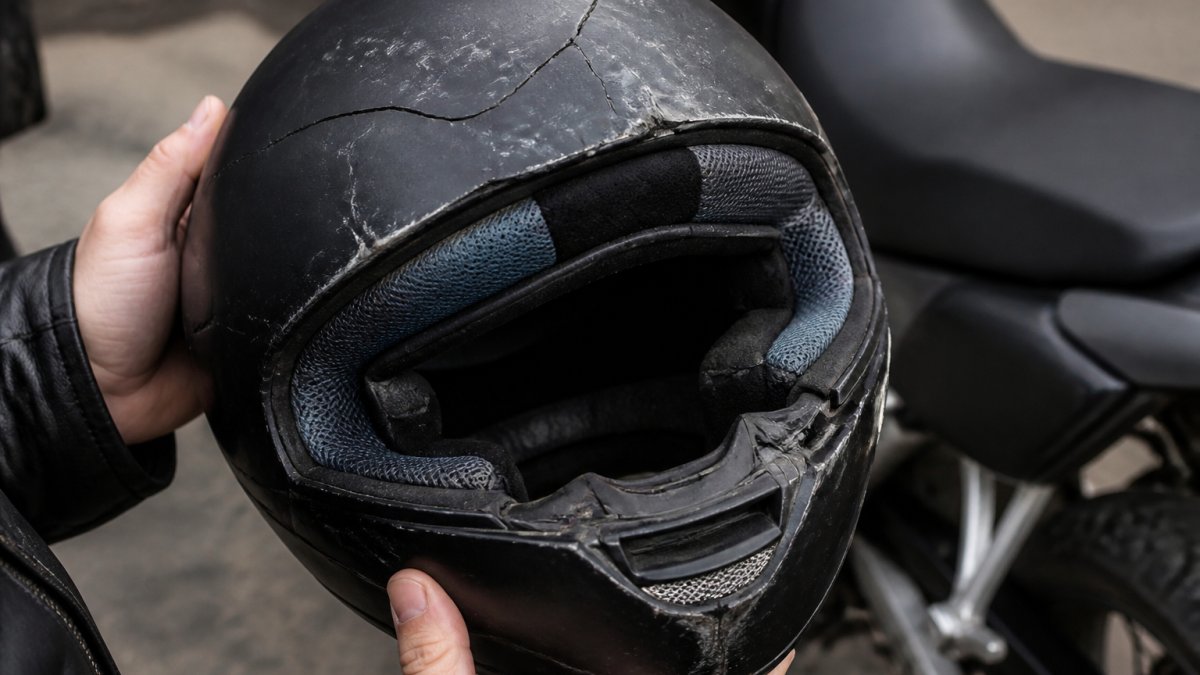 Infographic illustrating visible signs of helmet damage like cracks, scuff marks, and worn interior padding.