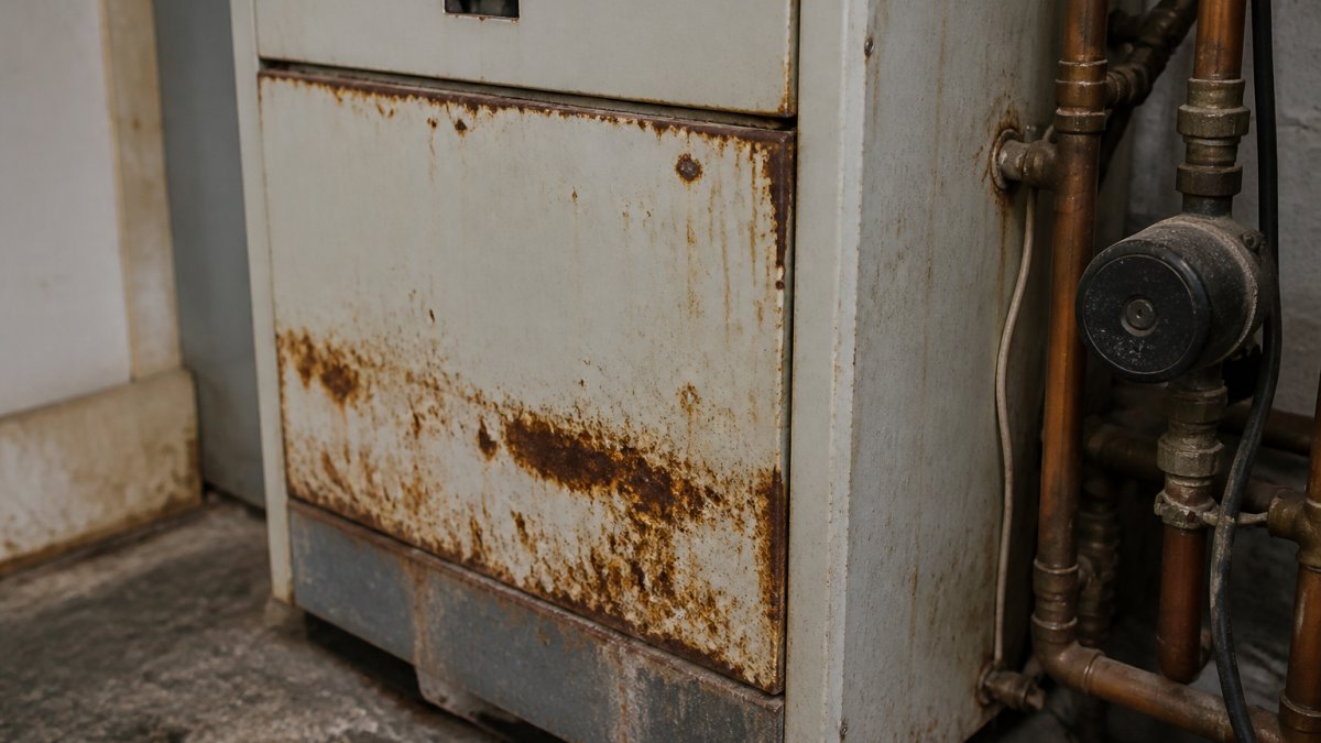Close-up of an older boiler unit showing visible rust patches, discolouration on the exterior casing, and worn metal surfaces with age-related deterioration