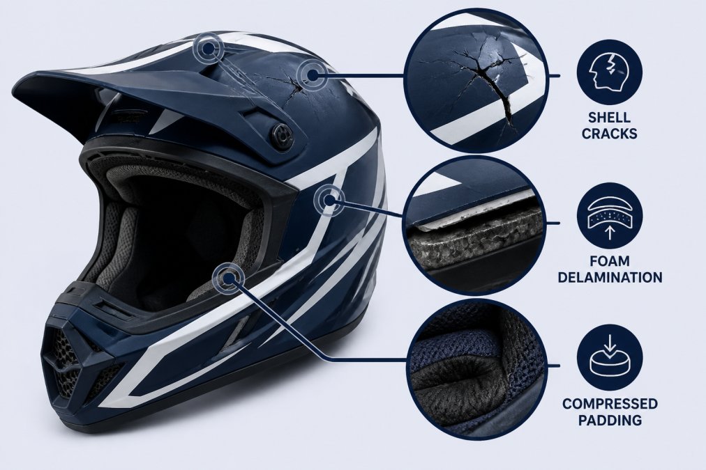 Close-up of a damaged youth motocross helmet showing visible shell cracks, foam delamination separating from the polycarbonate shell, and compressed padding on the interior, photographed against a neutral background with natural side lighting