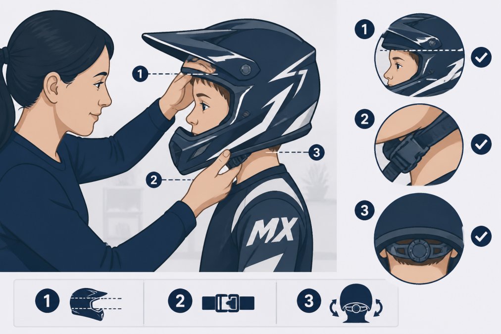 Parent carefully adjusting a youth motocross helmet on a child's head, showing proper positioning with the helmet level on the forehead, chin strap fastened and snug under the chin, and retention system engaged, in natural home lighting