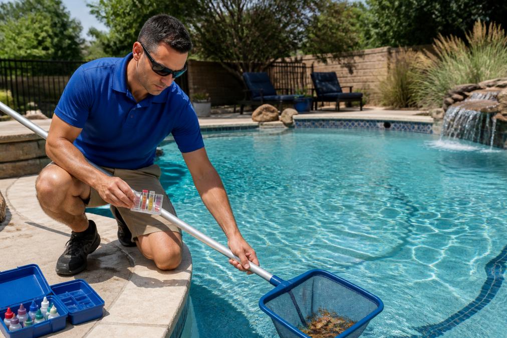 Technician performing a service pool check by skimming leaves and testing water quality on a sunny day