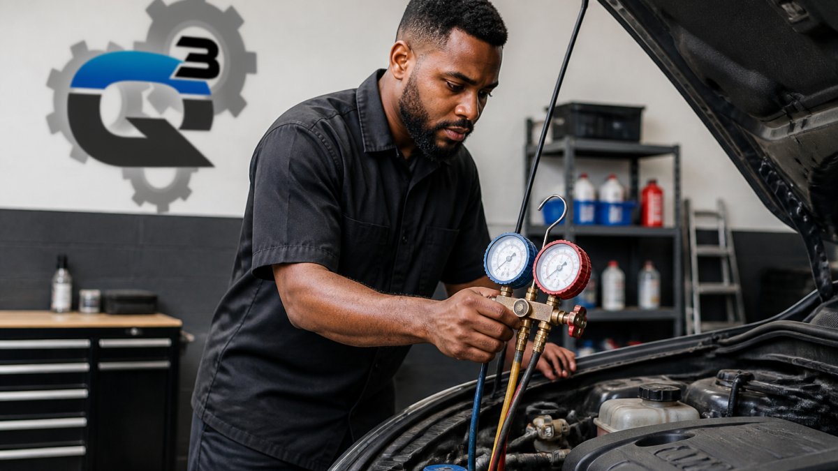 Professional technician checking refrigerant pressure gauge on car air conditioning system in well-lit service bay with diagnostic equipment visible