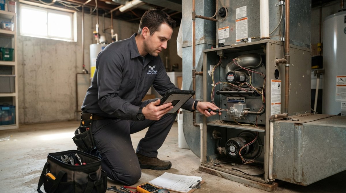 Professional HVAC technician in uniform inspecting a residential furnace unit, checking components with a digital tablet in a basement setting with natural light from a window