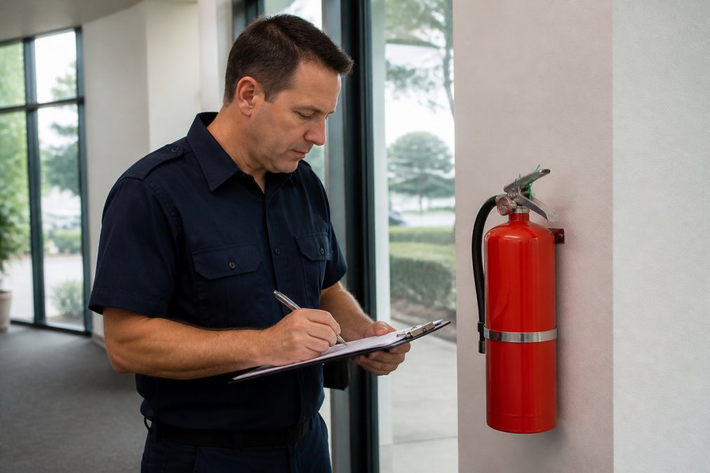 A fire safety technician in a navy uniform inspecting a red portable fire extinguisher mounted on a wall, holding a clipboard and pen to record the inspection date, natural daylight through an office window