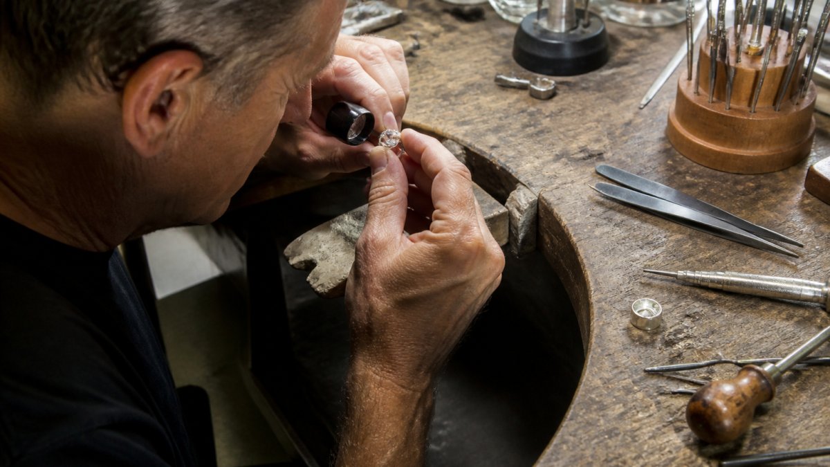 Jeweler using a magnifying loupe to inspect the prongs and security of an engagement ring setting