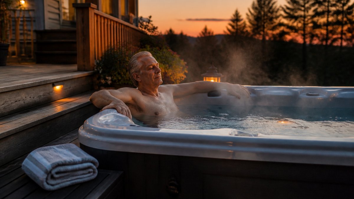 An older adult relaxing in a backyard hot tub at dusk, steam rising from the water, calm expression, towel folded nearby on the deck