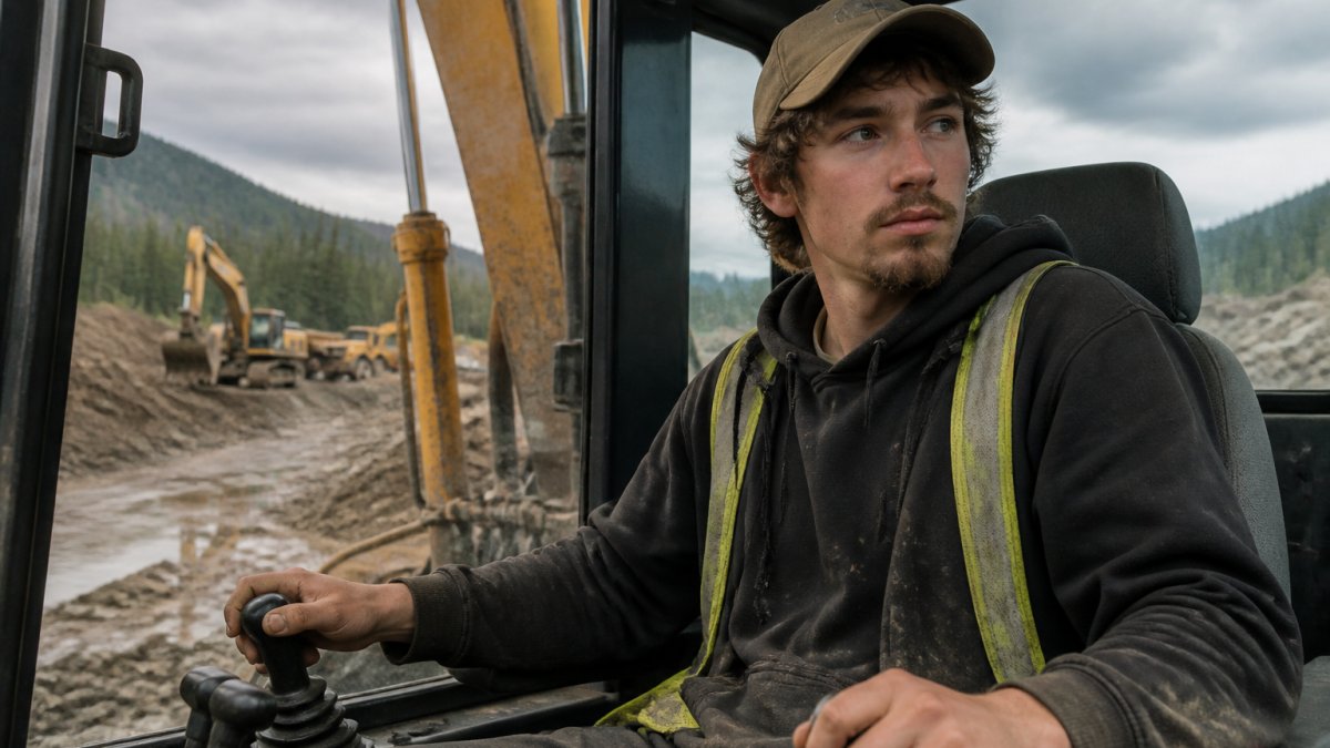 A young miner in his early twenties operating heavy excavation equipment at a gold mining site in Alaska, with muddy terrain and mining equipment visible in the background under an overcast sky