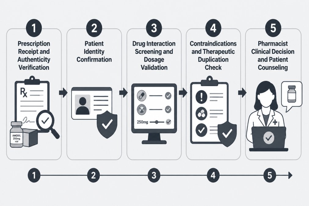 Flowchart showing 5-step medication review process: Step 1 Prescription Receipt and Authenticity Verification, Step 2 Patient Identity Confirmation, Step 3 Drug Interaction Screening and Dosage Validation, Step 4 Contraindications and Therapeutic Duplication Check, Step 5 Pharmacist Clinical Decision and Patient Counseling