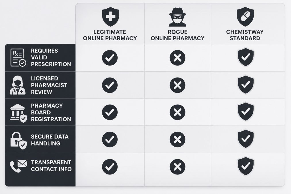 Comparison matrix with 3 columns (Legitimate Online Pharmacy, Rogue Online Pharmacy, Chemistway Standard) and 5 rows (Requires Valid Prescription, Licensed Pharmacist Review, Pharmacy Board Registration, Secure Data Handling, Transparent Contact Info)