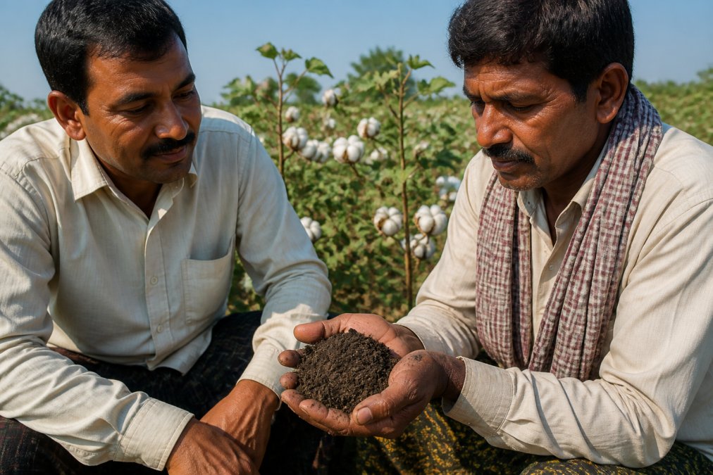 Close-up of hands holding dark, moist soil with visible organic matter on an organic cotton farm, cotton plants growing in the background under natural sunlight