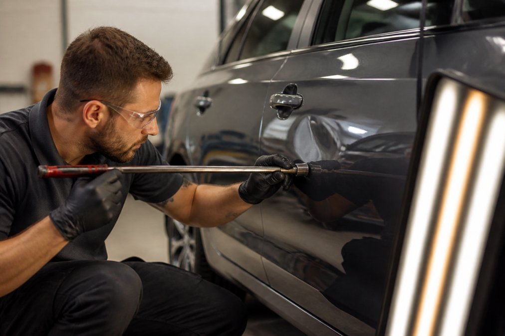 A certified technician using specialized PDR tools to gently massage a dent from a car's body panel in a clean, well-lit auto repair shop