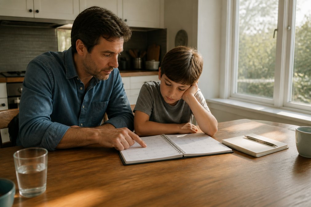 Parent and child reviewing a calendar together at a kitchen table, discussing visitation schedule with a notebook and pen nearby, natural afternoon light streaming through windows
