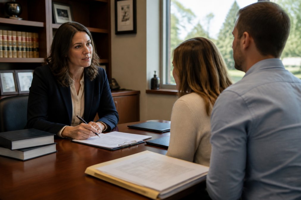 Professional in business attire meeting with a family law attorney at a desk with legal documents and case files visible, modern office setting with natural light