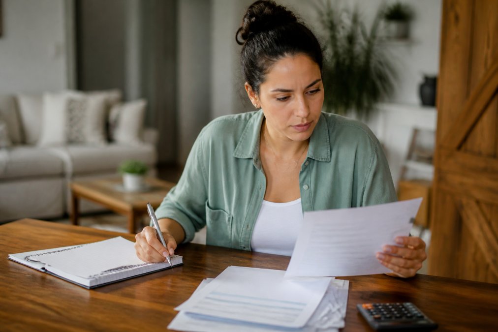 Woman reviewing a payment plan on her laptop at home with a notepad and pen nearby, appearing focused and organized