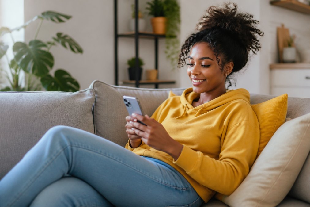 Woman confidently shopping online on her smartphone while relaxed, symbolizing stress-free flexible payment options