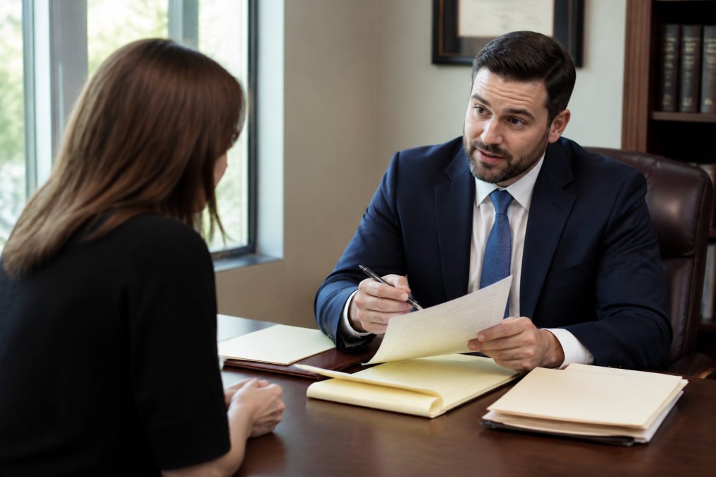 Professional personal injury attorney meeting with client at office desk, reviewing settlement documents and discussing case strategy with reassuring confidence in modern law office with natural lighting
