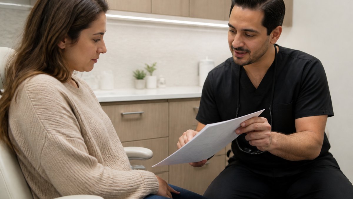 Dentist and patient reviewing personalized treatment plan together during consultation, with patient seated comfortably and reviewing documents in modern clinical setting with warm lighting