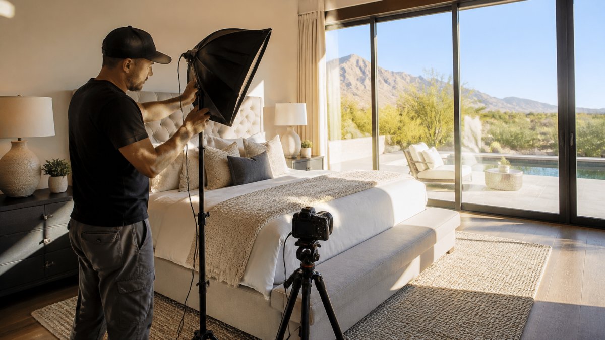 Professional real estate photographer setting up lighting equipment in a luxury master bedroom with floor-to-ceiling windows, warm natural light streaming across high-end furnishings and carefully staged decor