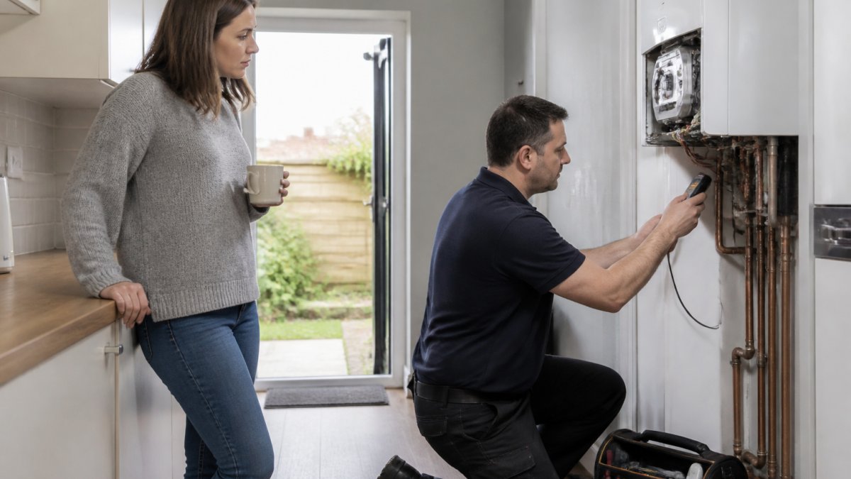 Gas Safe engineer using diagnostic tools to minimize boiler repair time in a bright kitchen