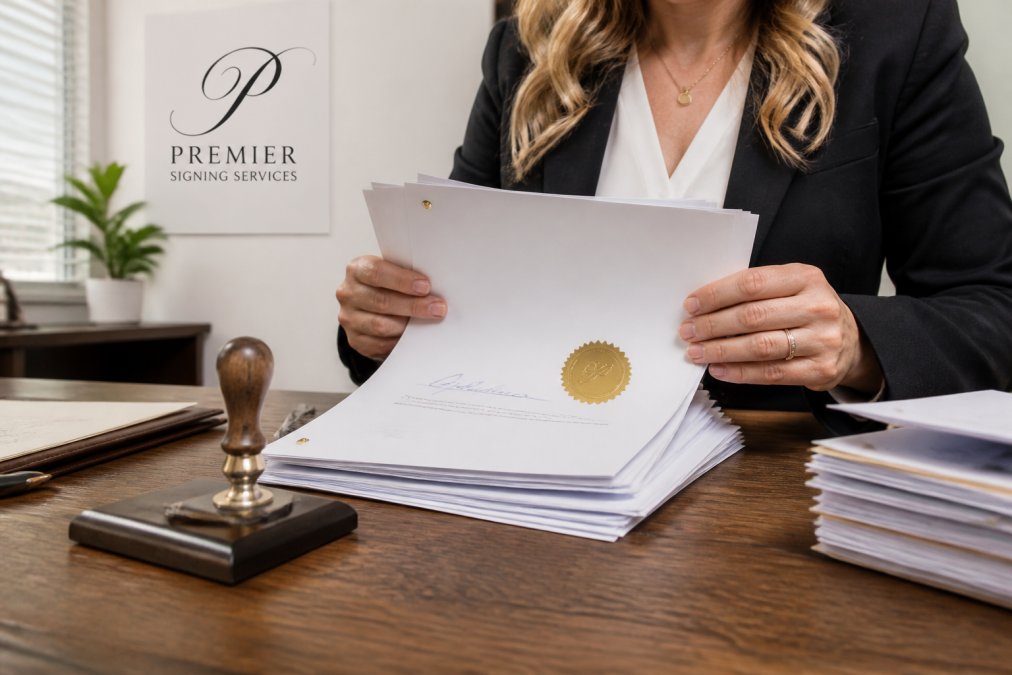 Notary public reviewing official documents with a raised seal to determine how quickly can I get an apostille.