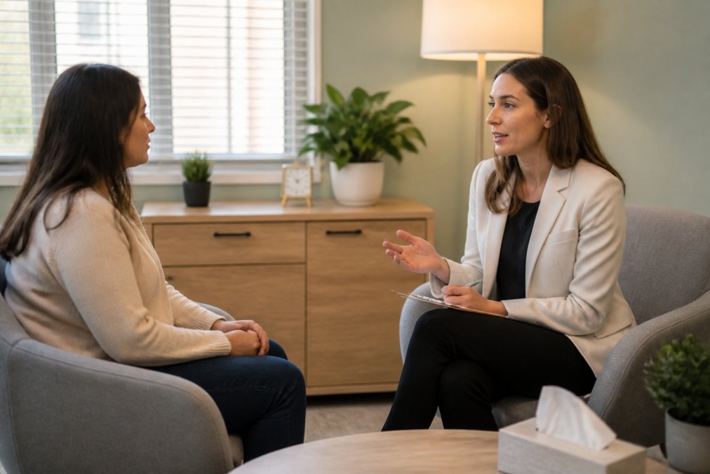 A mental health professional in a calm, modern clinical office setting consulting with a patient seated comfortably across from them, with soft natural lighting filtering through windows