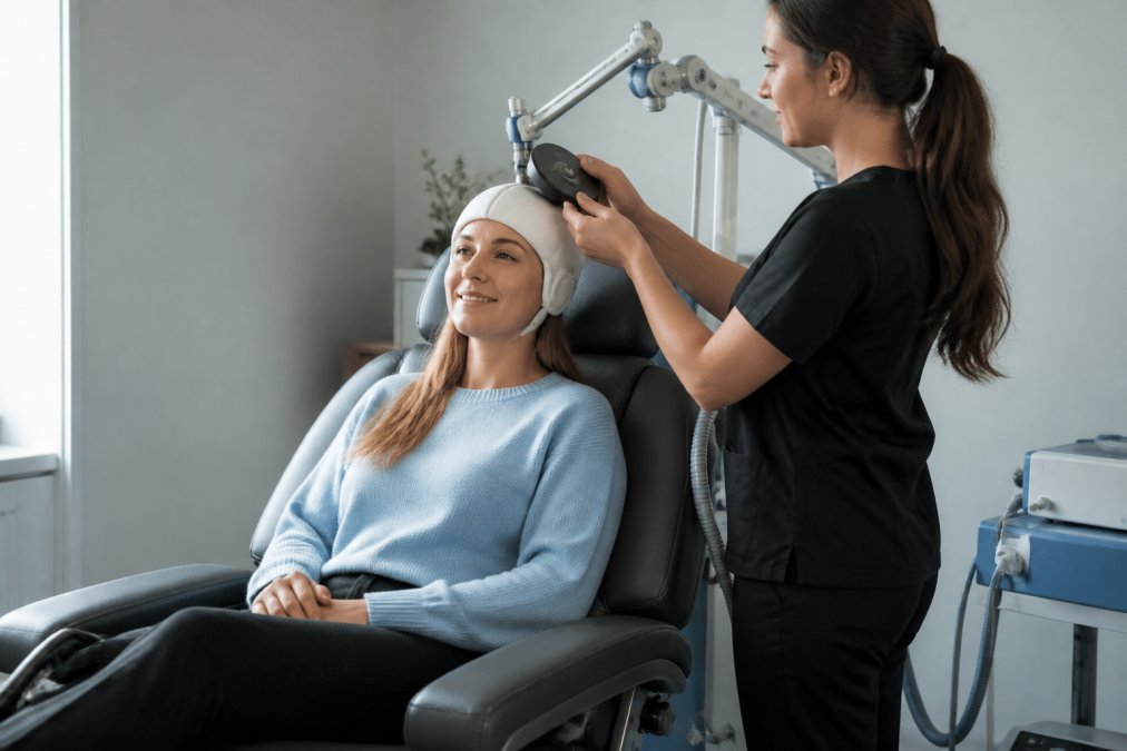 A patient seated in a comfortable treatment chair receiving transcranial magnetic stimulation, with medical equipment visible nearby in a serene, well-lit clinical environment