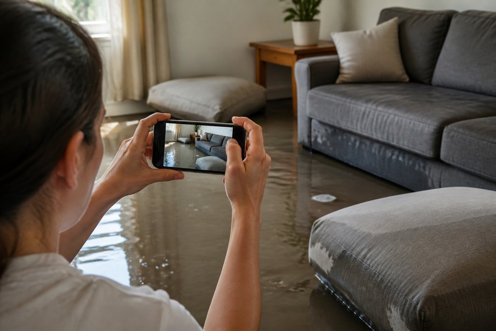 Homeowner documenting water damage by photographing standing water and saturated furniture in a living room using a smartphone camera