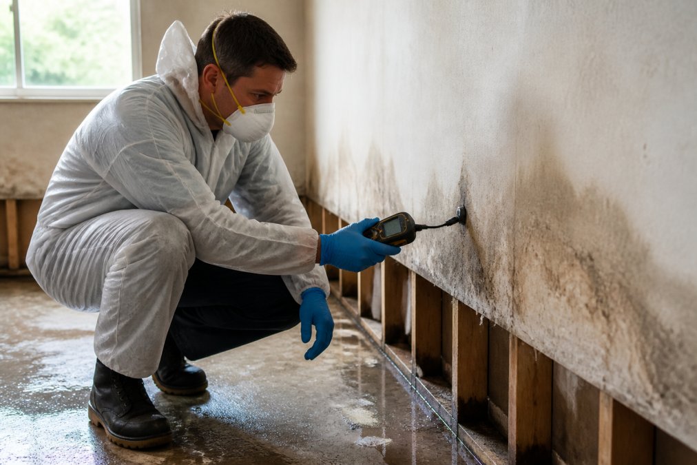 Professional restoration technician in protective equipment conducting an initial moisture assessment of a flood-damaged room using handheld detection equipment