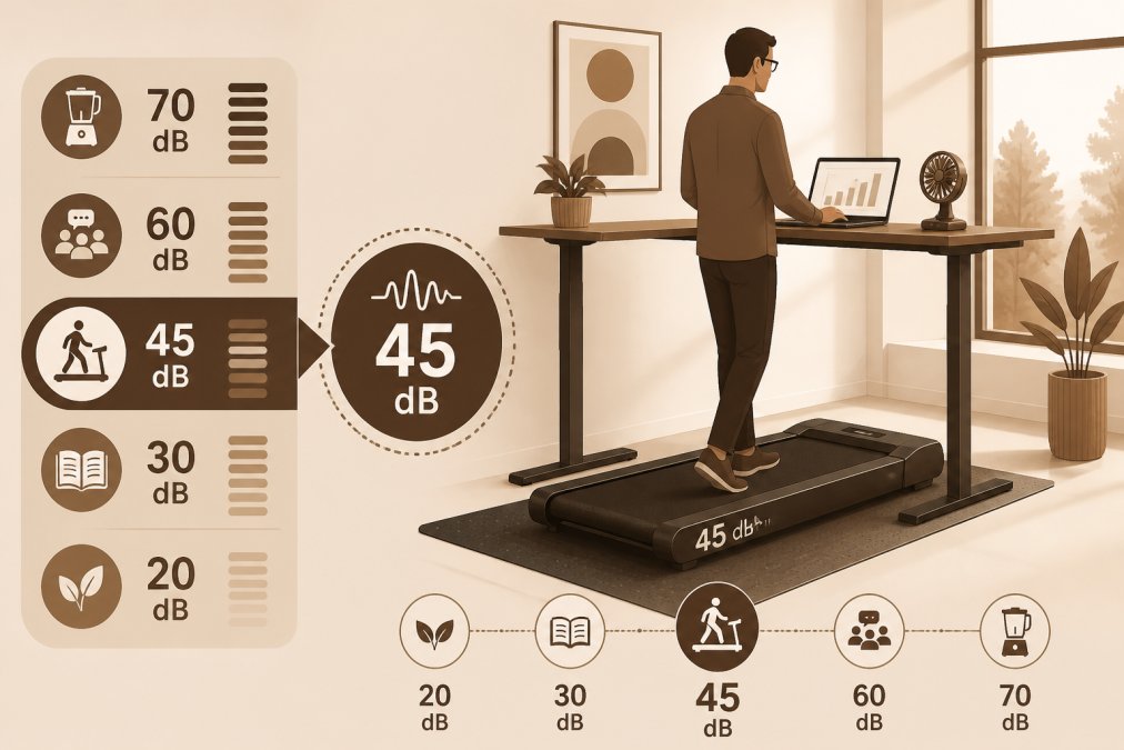 Professional working at a standing desk with a compact treadmill positioned nearby on a noise reduction mat, natural sunlight streaming through office windows, showing a calm, focused home office setup