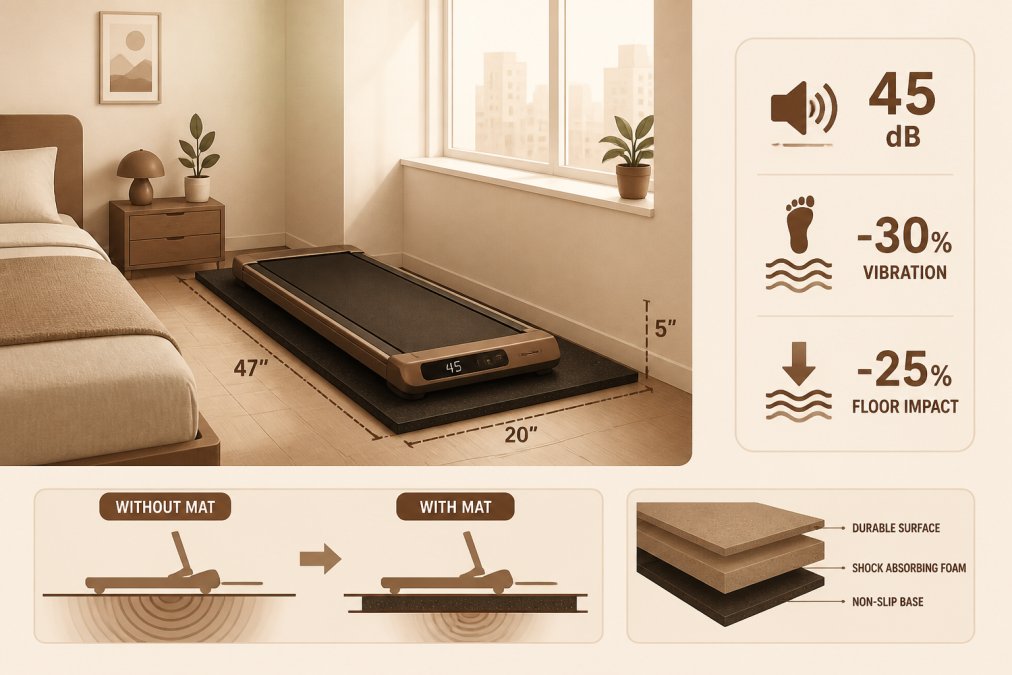 Compact folding treadmill positioned on a thick noise reduction mat in a small apartment bedroom corner, with morning light from a window, showing realistic apartment space constraints and noise mitigation setup